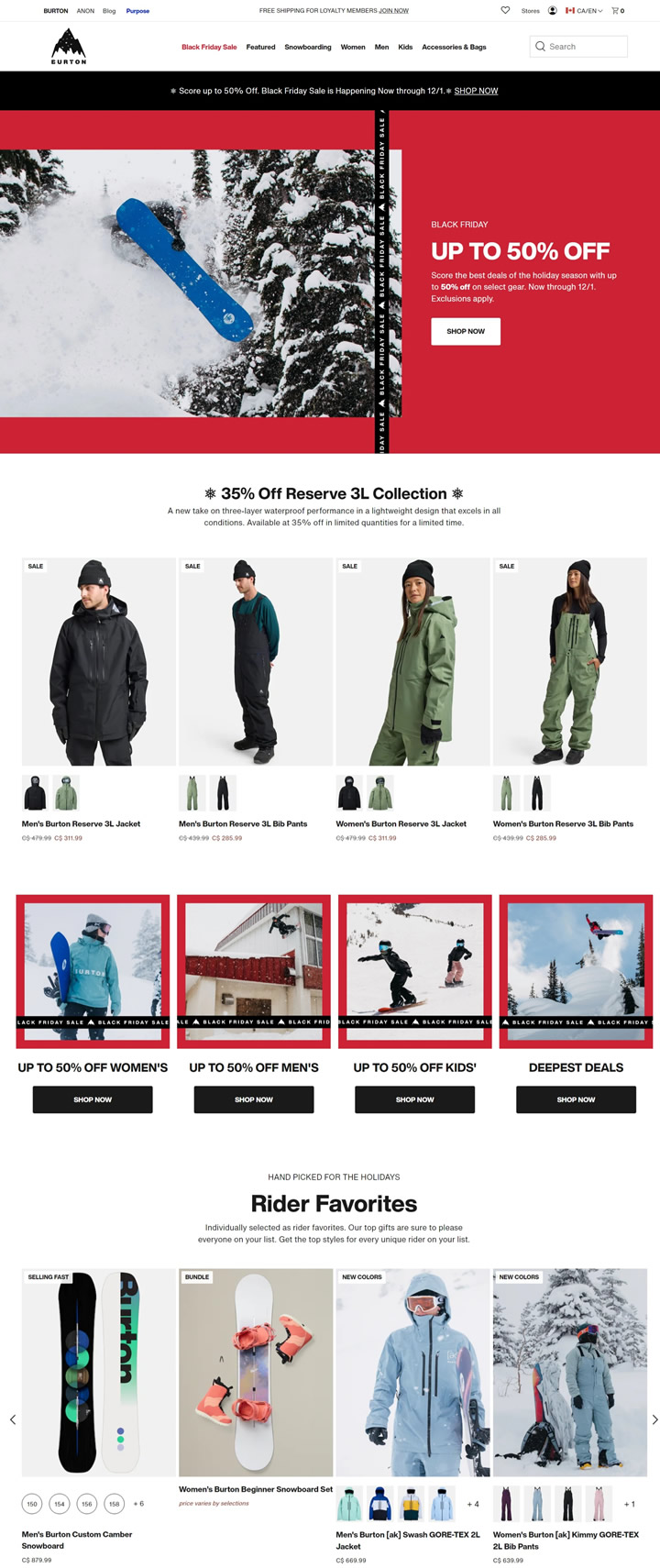 The official website homepage of Burton Snowboards in Canada: A one-stop shopping paradise for ski equipment