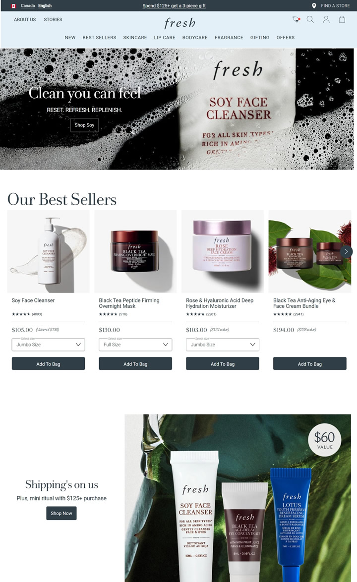 Fresh official website in Canada offers many discounts on popular skincare and body care products to meet diverse needs